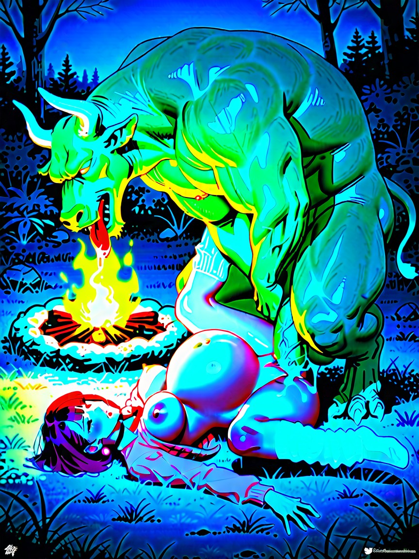 Rounded Breast, Side Bangs, Campfire Lit AI Porn