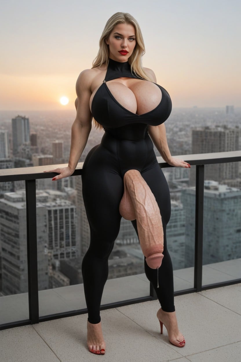 Hourglass Figure, Solo, She Has Extremely Oversized Monumental Flaccid Macro Penis Shemale AI Porn