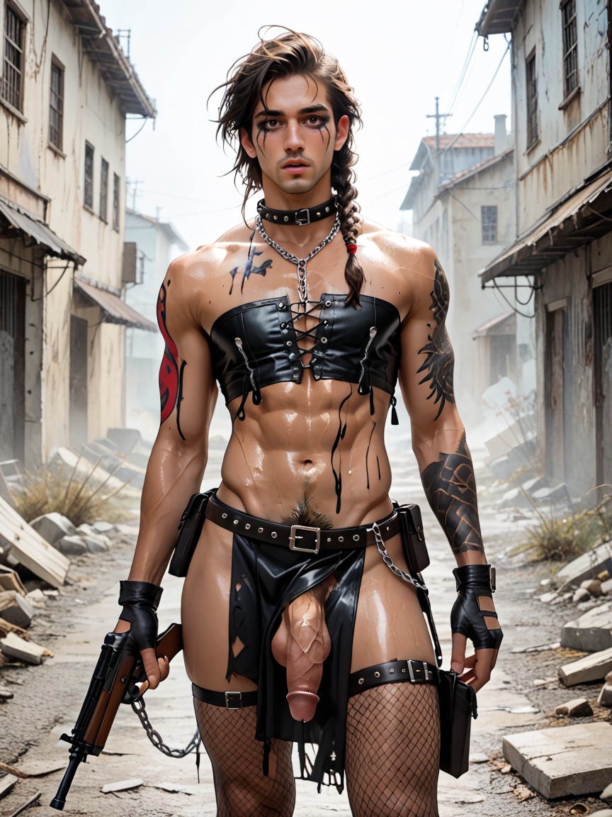 Holding An Improvised Crossbow, Leather Loin Cloth, Thigh Straps AI Gay Porn