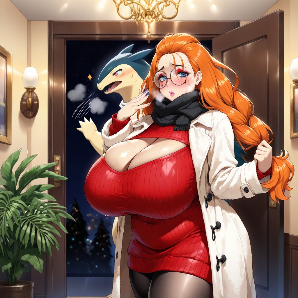 Red Chest Window Sweater, Sweaty Woman, Voluptuous Curves AI Gay Porn