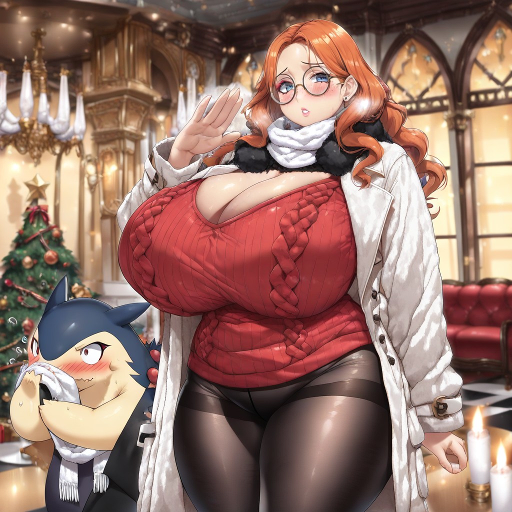 Revealing Cleavage, Bright Red Cheeks, Red Chest Window Sweater AI Gay Porn