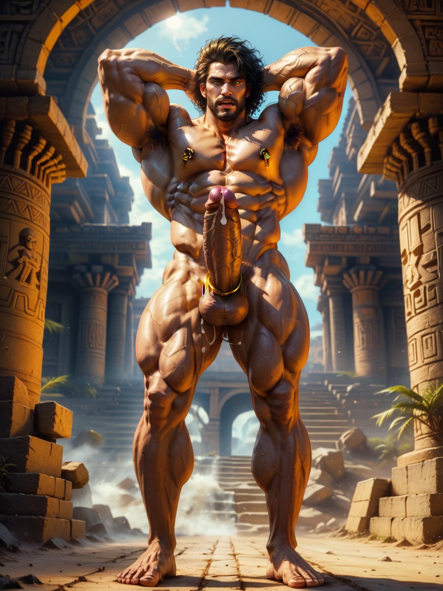 Heavy Detailed Ornate Golden Cock Rings, Drooling Cum, Cock Out AI Gay Porn