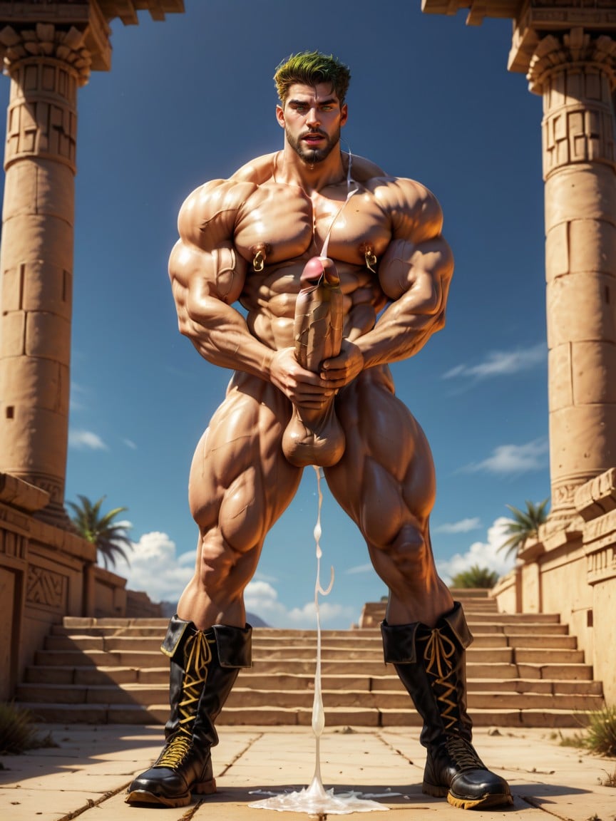 Dynamic Pose, Heavy Detailed Ornate Golden Cock Rings, Muscular Hunky Hyper Handsome Bodybuilder AI Gay Porn