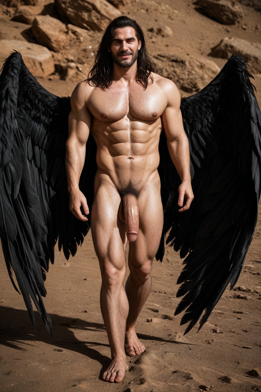 An Angel With Black Wings In A Dark Desert, In Transformation, He Has Bluish-black Hair AI Gay Porn
