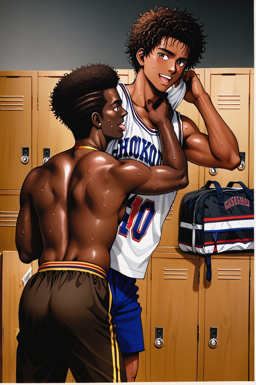 Top Has Deep Dark Brown Skin And Bottom Has Tan Brown Complexion, Acting Like Fools, Locker Room AI Gay Porn