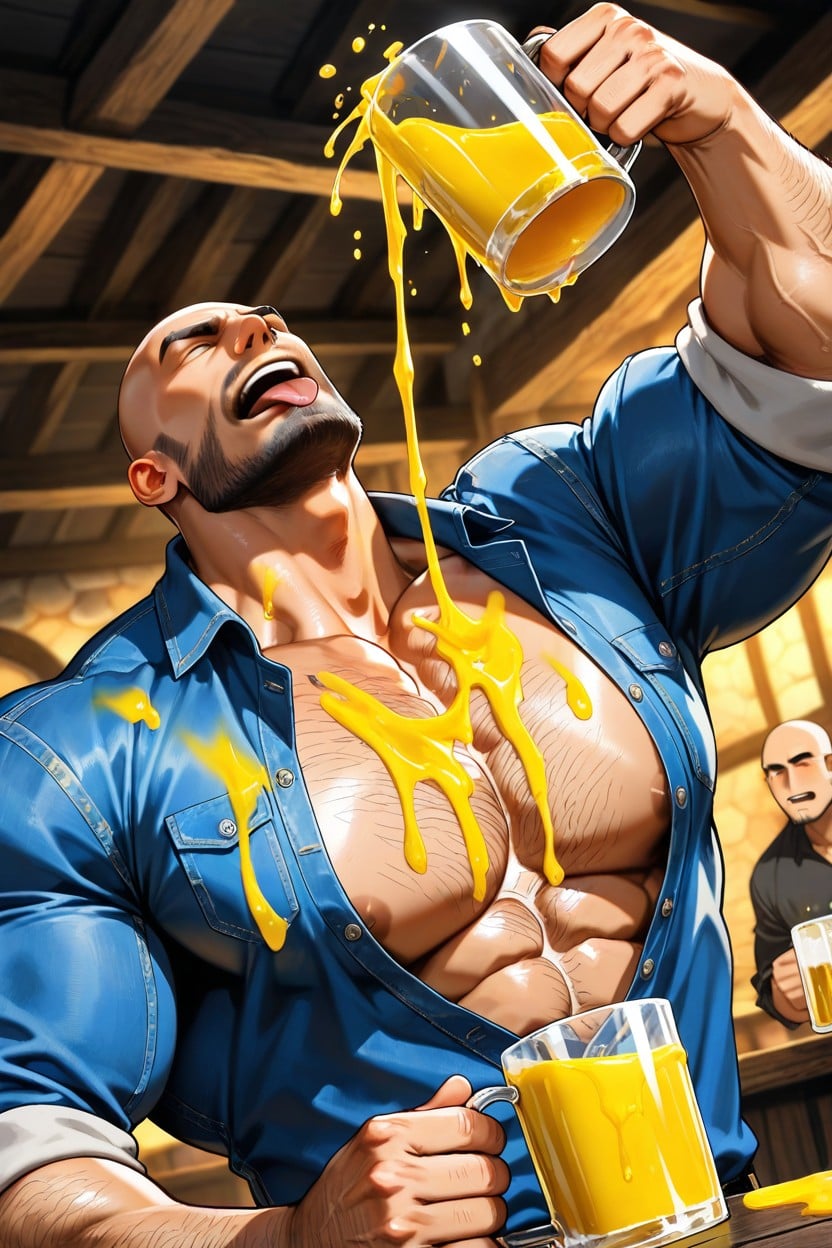 Drinking Yellow Liquid, Denim Shirt, Massive Muscles AI Gay Porn