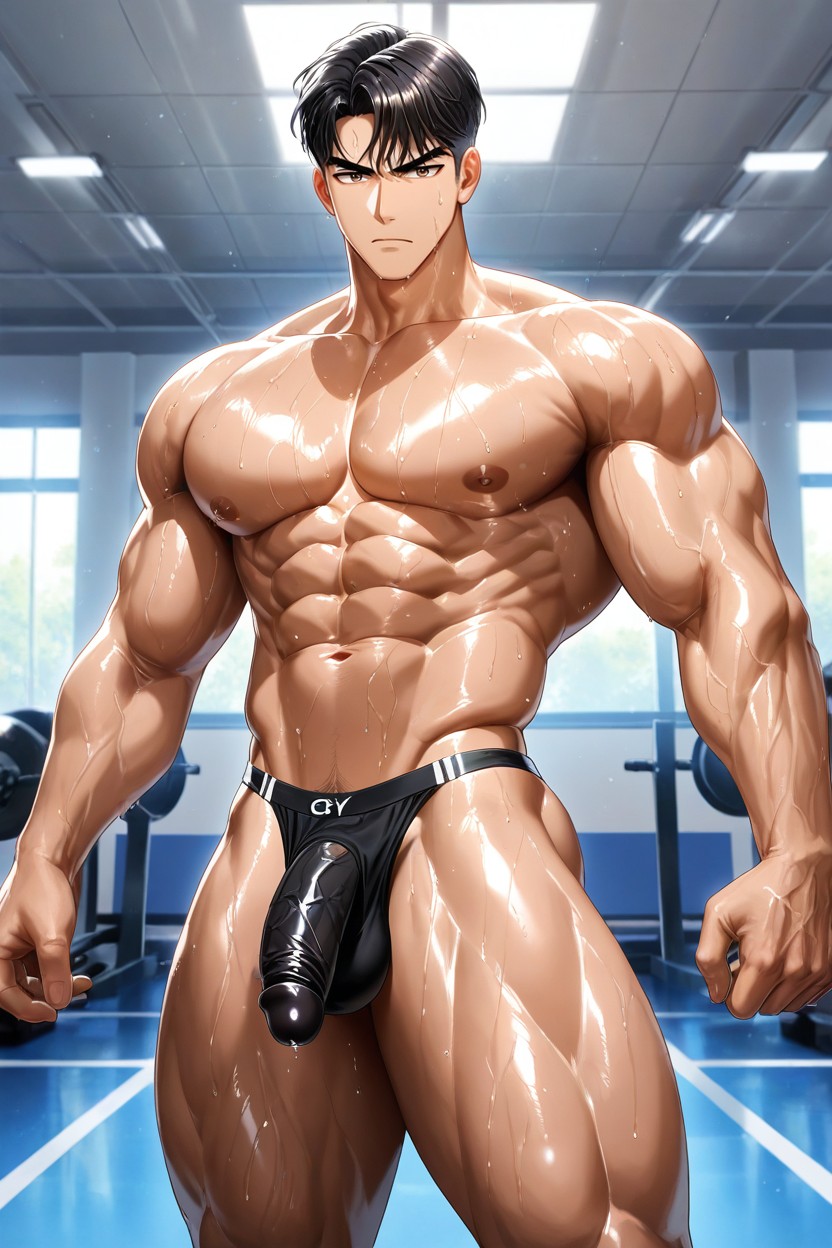 Male Character With Sharp Angular Face, Huge Pecs, Shaved Smooth AI Gay Porn