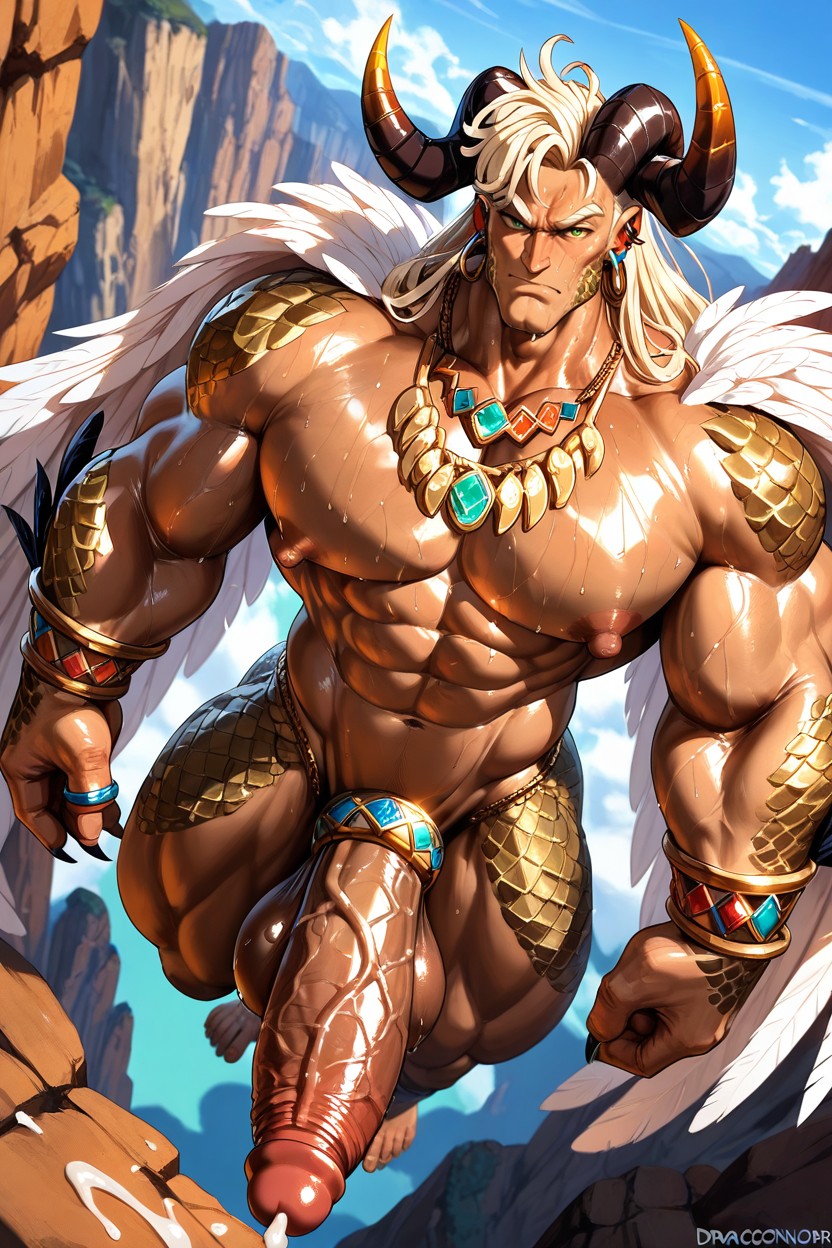 Extreme Wide Landscape View, Feathers On Shoulders, Body Half Skin Half Scales AI Gay Porn