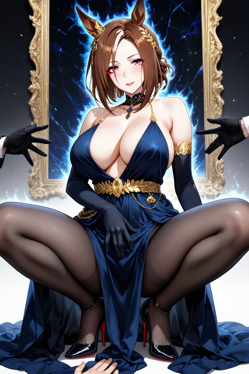 Gold Ribbon And Chain Decoration On The Left Ear, Sharp Red Eyeliner, Minimal Gold Accessories Hentai AI Porn