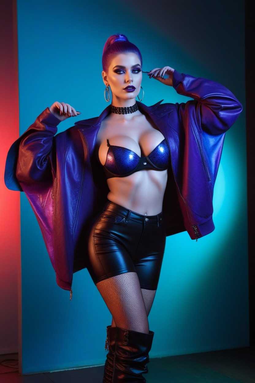 Structured Black Gothic Attire Displaying Arcane Tattoo Patterns Across Visible Regions, Topless, Full Body AI Porn