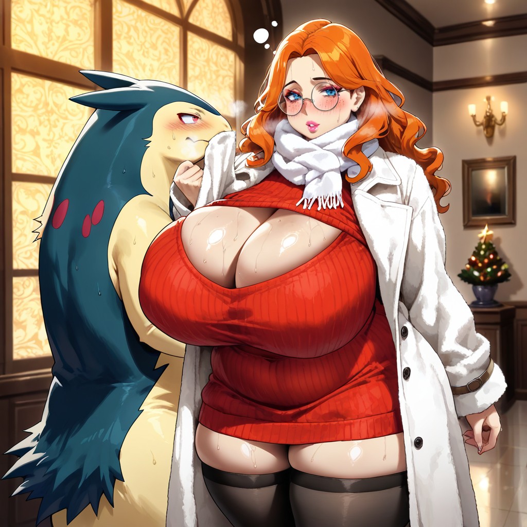 Long White Camel Wool Coat, Typhlosion Is Next To Woman, Slightly Parted Lips AI Gay Porn