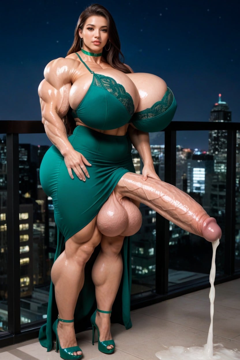 Green Tight Skirt, Green Balls Bra, Hyper Thick Penis Shemale AI Porn
