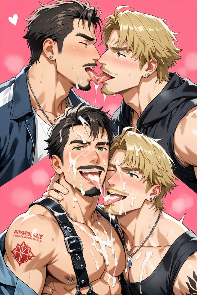 Necklace, Kissing, Cocks All Around Shooting Cum On Their Faces AI Gay Porn