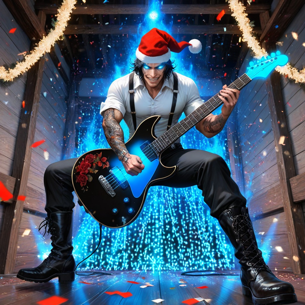 Blue-glowing Eyes, High Detail", Wearing A Santa Beanie Hat AI Porn