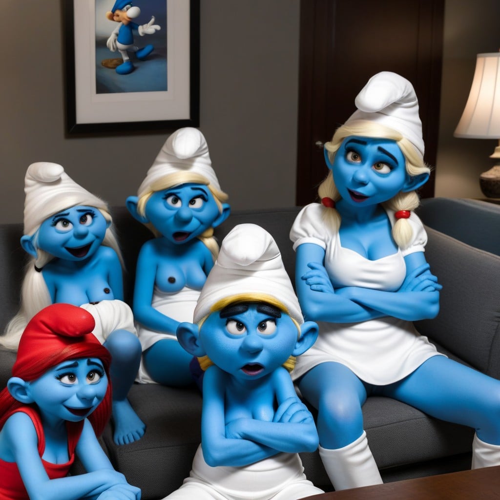 Diagonal Side View, Photorealistic Parody Meme Accurate Framing, The Smurfs Anime AI Porn