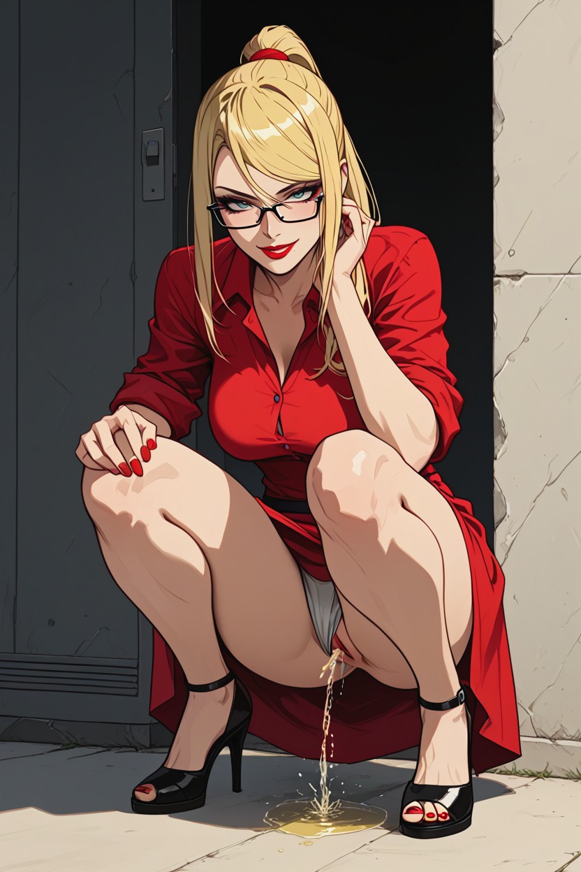High Heels, Holding Her Dress With Her Hands, Red Dress Hentai IA