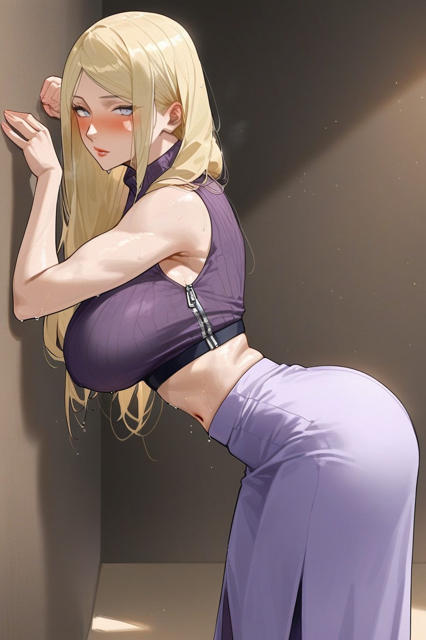 Sideboob Exposed, Hanging Breasts, Tight Long Purple Skirt Hentai IA