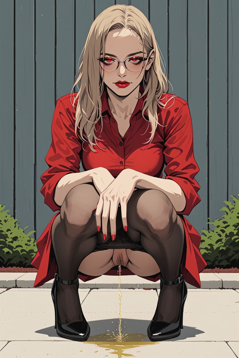 Red Lips, Holding Her Dress With Her Hands, Vista Frontal Hentai IA
