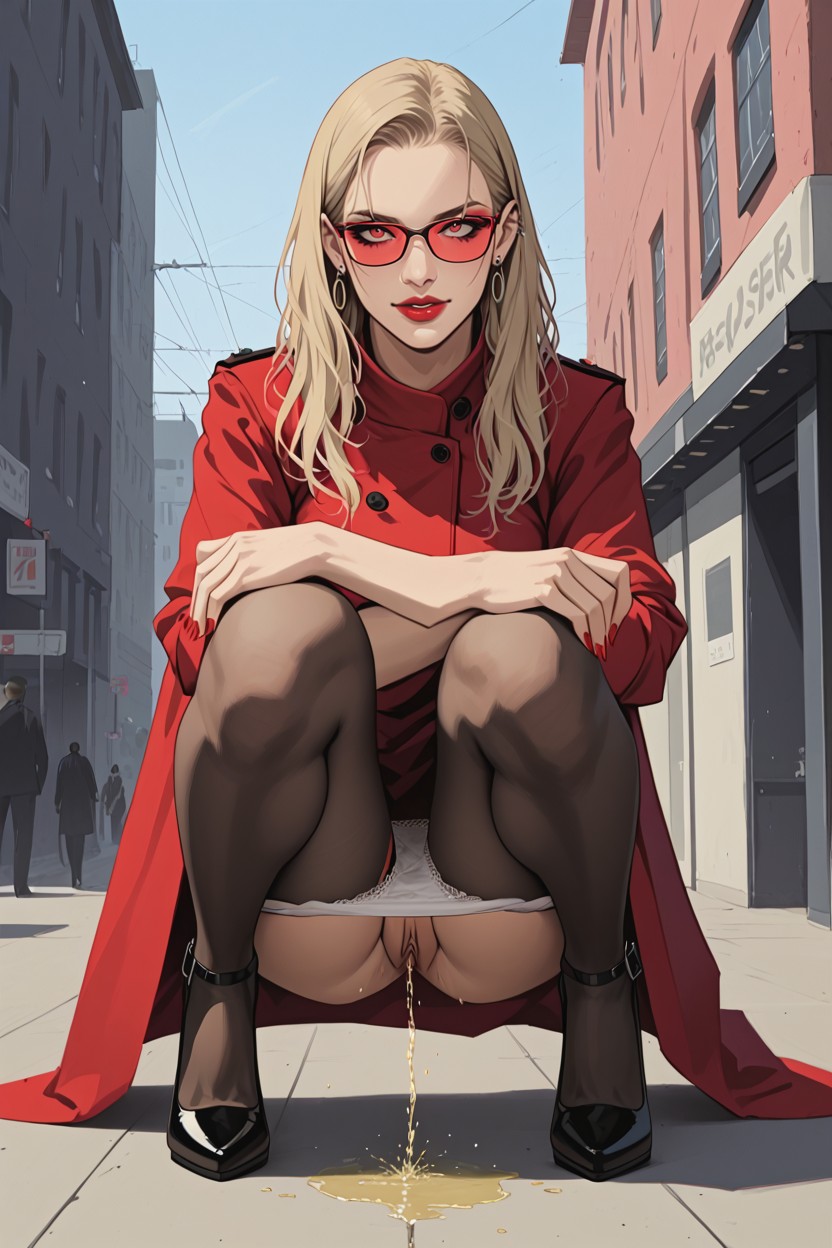 Highlited Hem, Front View, Holding Her Dress With Her Hands Hentai IA