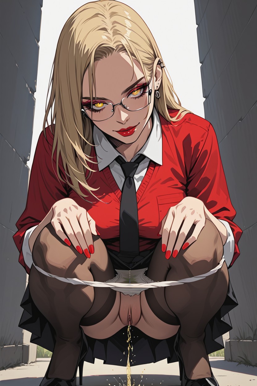 Pee From Pussy, Shiny Pantyhose Pulled Down With Panties, Sunny Day Hentai AI Porn