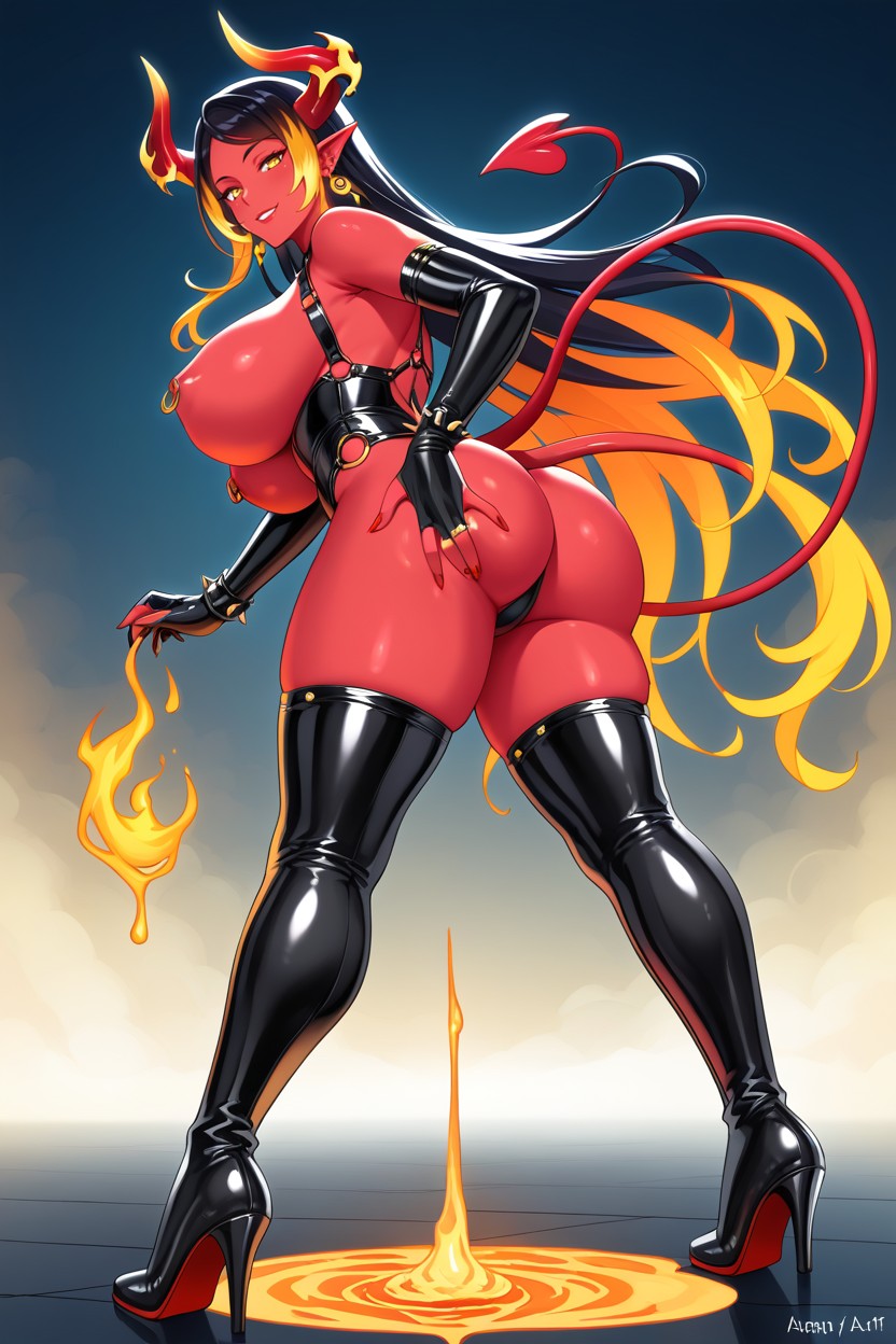 Black Latex Thighhigh Boots High Heels With Red Soles, Female Demon, Golden Horns Hentai AI Porn