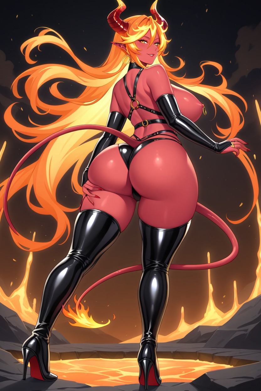 Seductive Gaze; A Playful Smile Strong, Black Latex Panty, Golden Earrings Intense Hentai AI Porn