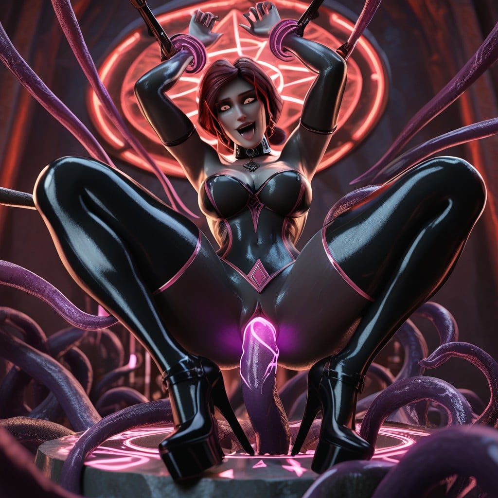 Restrained Limbs Between Two Stone Columns, Magic Red Neon Tentacle, Looking Here Hentai AI Porn