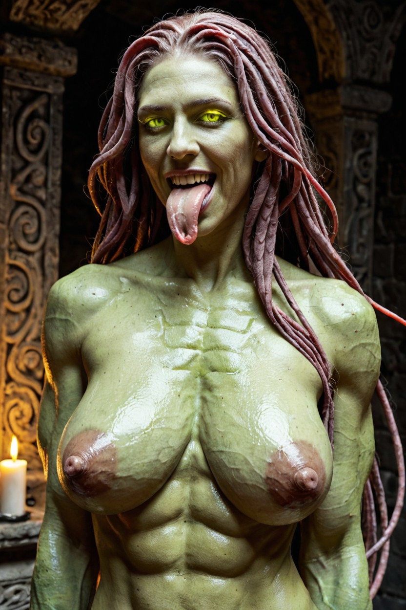Very Huge Long Thick Nipples, Eyes Glowing Yellow, Serpent Lower Body AI Porn