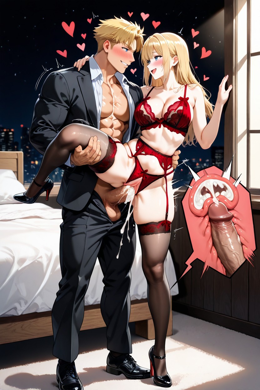 Fix Anatomy, Woman Wears Red Lingerie And Stockings, Two People AI Gay Porn
