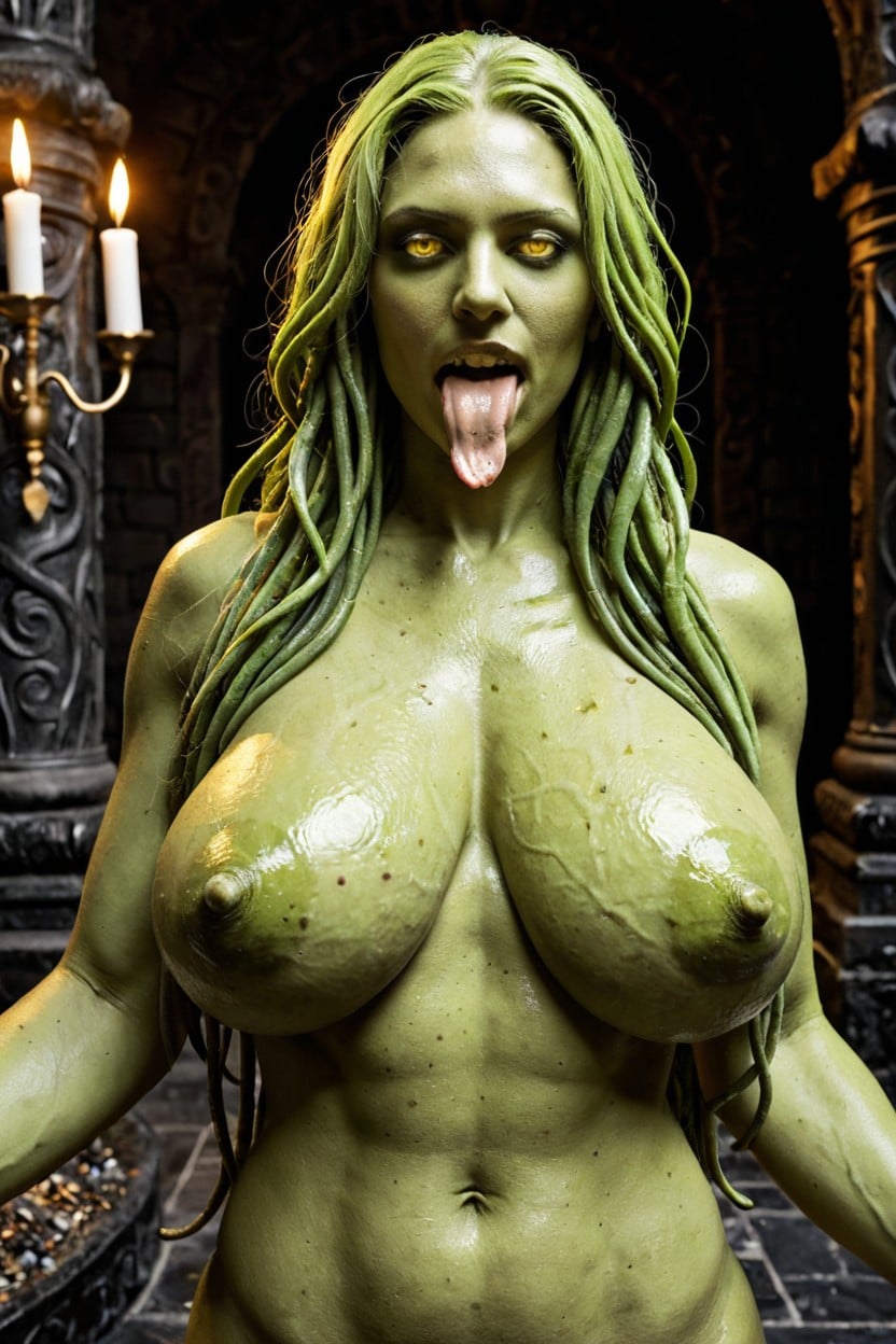 Green Scaley Skin, Long Sharp Fang From Her Mouth, Beautiful Face AI Porn