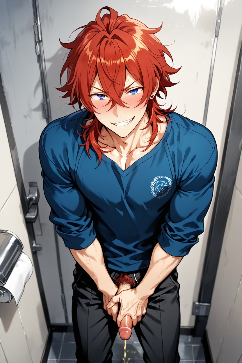 Neck-length Blunt, Blushing, Wild Messy Red Hair AI Gay Porn