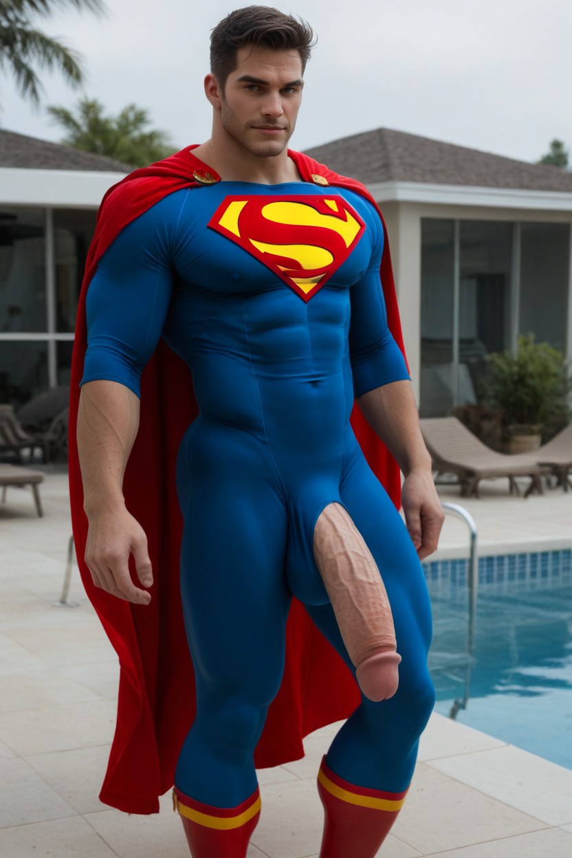Fully Clothed Man In Superman Costume, Hyper Defined Six Pack Hyper Abs, Skinny AI Gay Porn