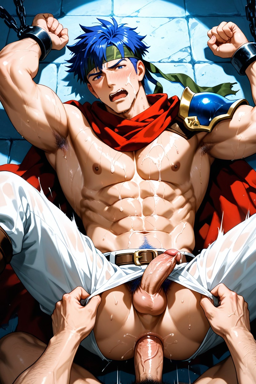 Bottom's Flaccid Penis Stroked By The Top Hand, Bottom Restrained, Bottom Has Flaccid Penis AI Gay Porn