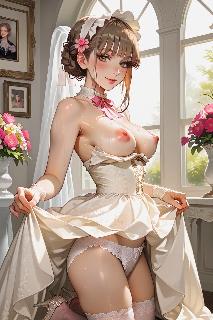 Waist Shot, Elegant Water Fountain, Bare Breasts Exposed Hentai AI Porn