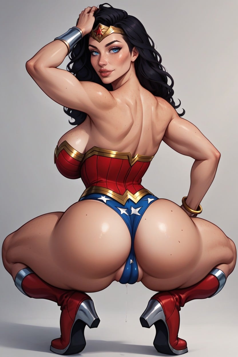Close Up, Wearing Classic Wonder Woman Costume Tiara, Red Boots AI Porn