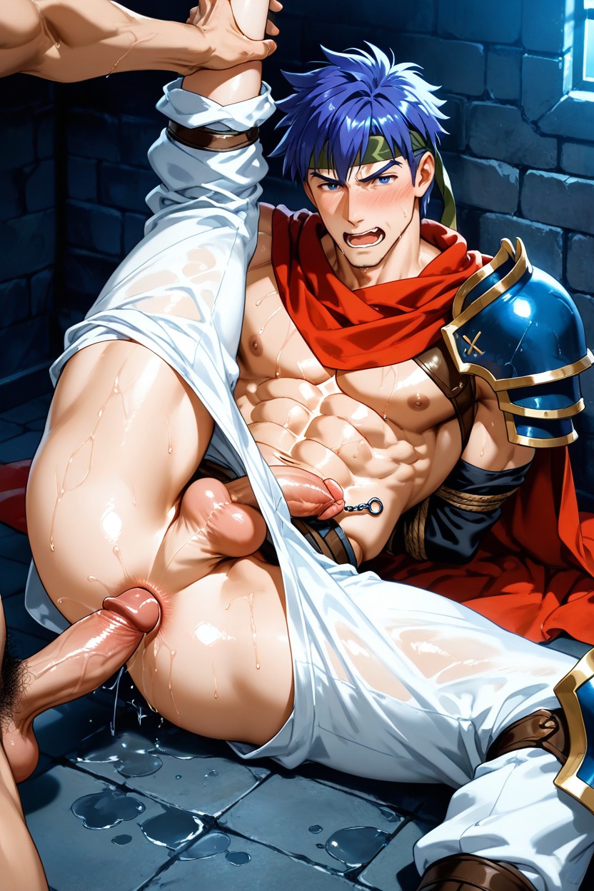 Looking At Viewer, Bottom's White Pants Pulled Down To Knee, Position Where Bottom's Full Abs Visible AI Gay Porn