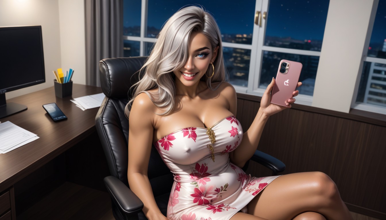 Texting, Office, Hair Over Eye AI Porn