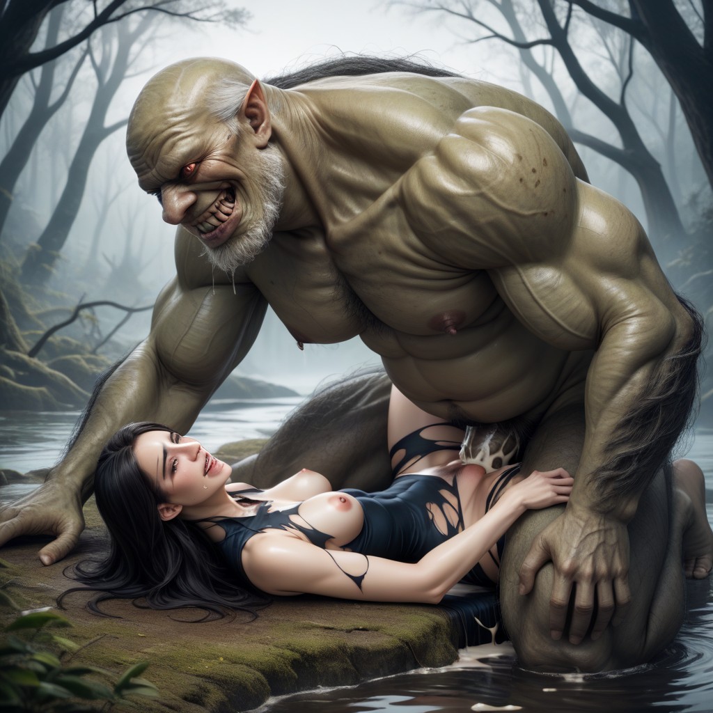 Wide View, Giant Monster Over Meters Tall, Exposed Breasts AI Porn