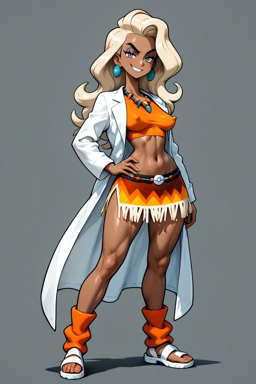 Orange Tribal Crop Top, Pale Blonde Hair, Focus Face Hentai AI Porn