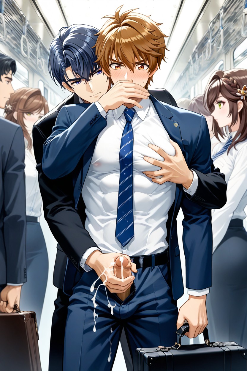 Open Pants, Hands Grabbing Penis, Hand Covering Mouth AI Gay Porn