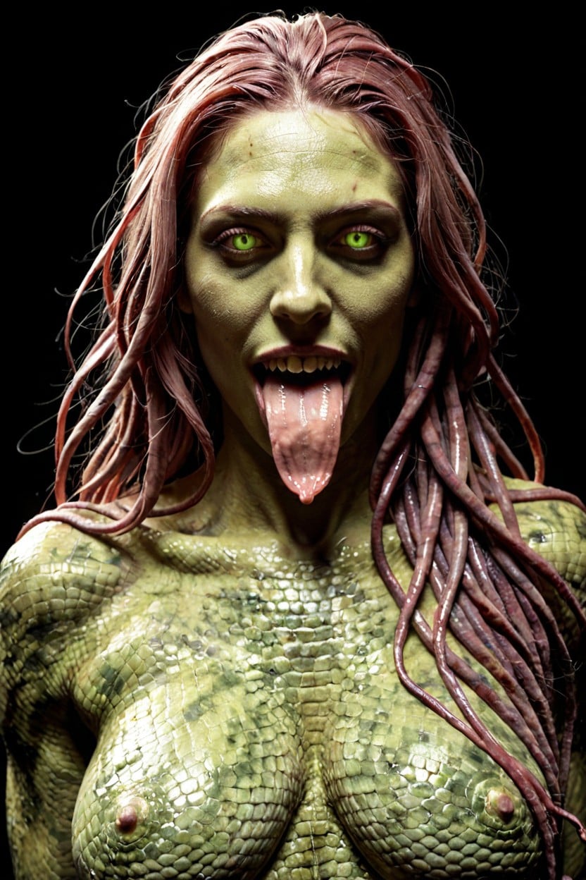 Long Forked Tongue, Glowing Eyes That Turn Men Into Stone, Sharp Fangs AI Porn