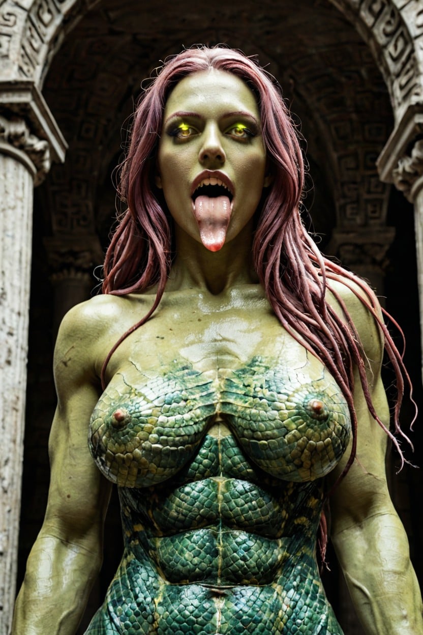 Muscular, Green Skin, Her Hair Is Made Of Sepents AI Porn