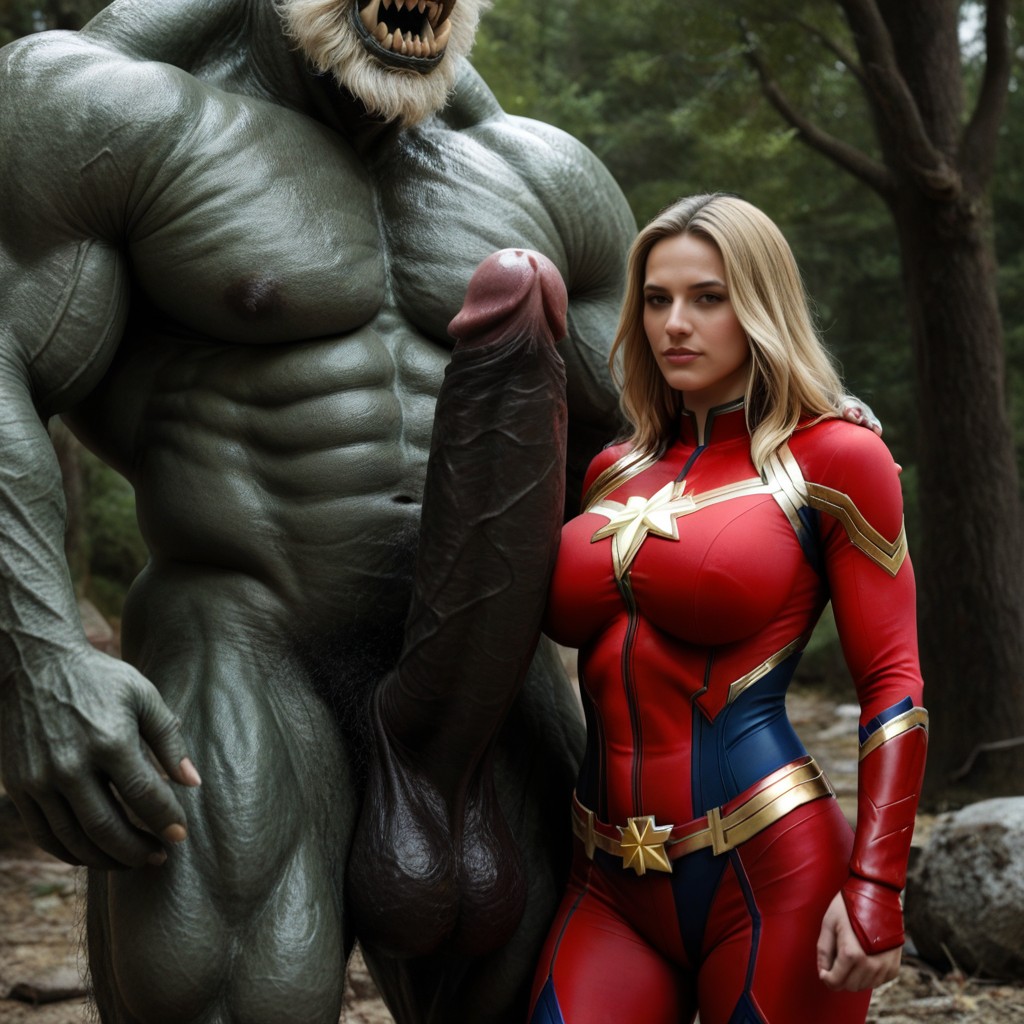 Macro Giant Hairy Yeti Monster Is Taller Than Two Stories Of A Butaller, Woman Standing In Front Of Erect Penis And Looking Up, Cowboy Shot AI Porn