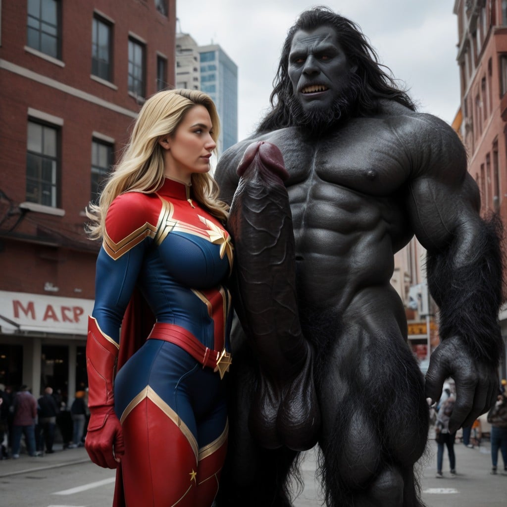 Massive Breast, Captain Marvel Half Height Of Monster, Woman Standing In Front Of Erect Penis And Looking Up AI Porn
