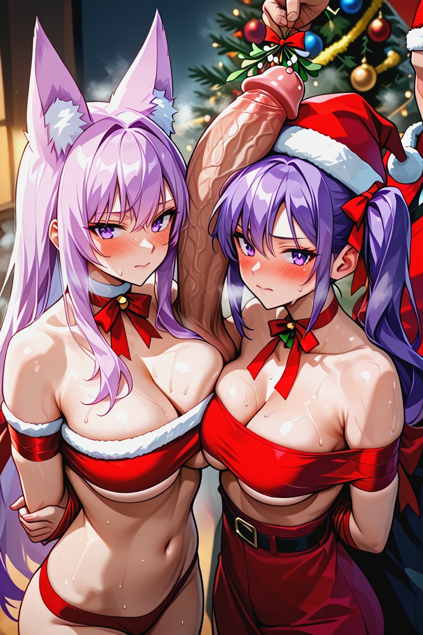 Pink Fox Ears, Kneeling Together, Purple Eyes Hentai AI Porn