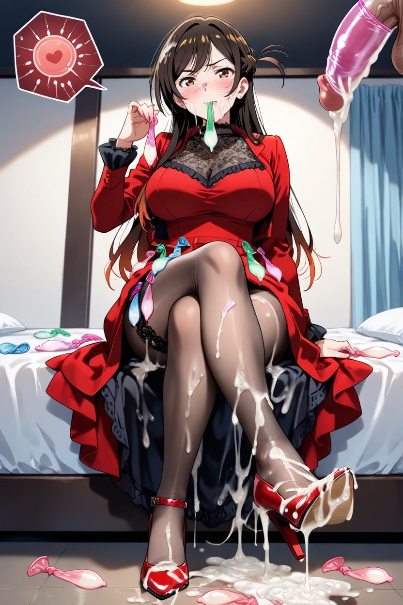 Holding A Used Condom In Hands, Black Patterned Tights, Cum On Penis Hentai AI Porn