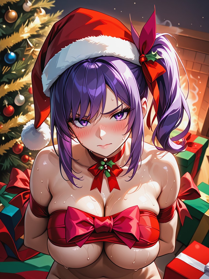 Bust Shot, Dark Purple Hair And Bright Pink Hair, Mistletoe Hanging Down Hentai AI Porn