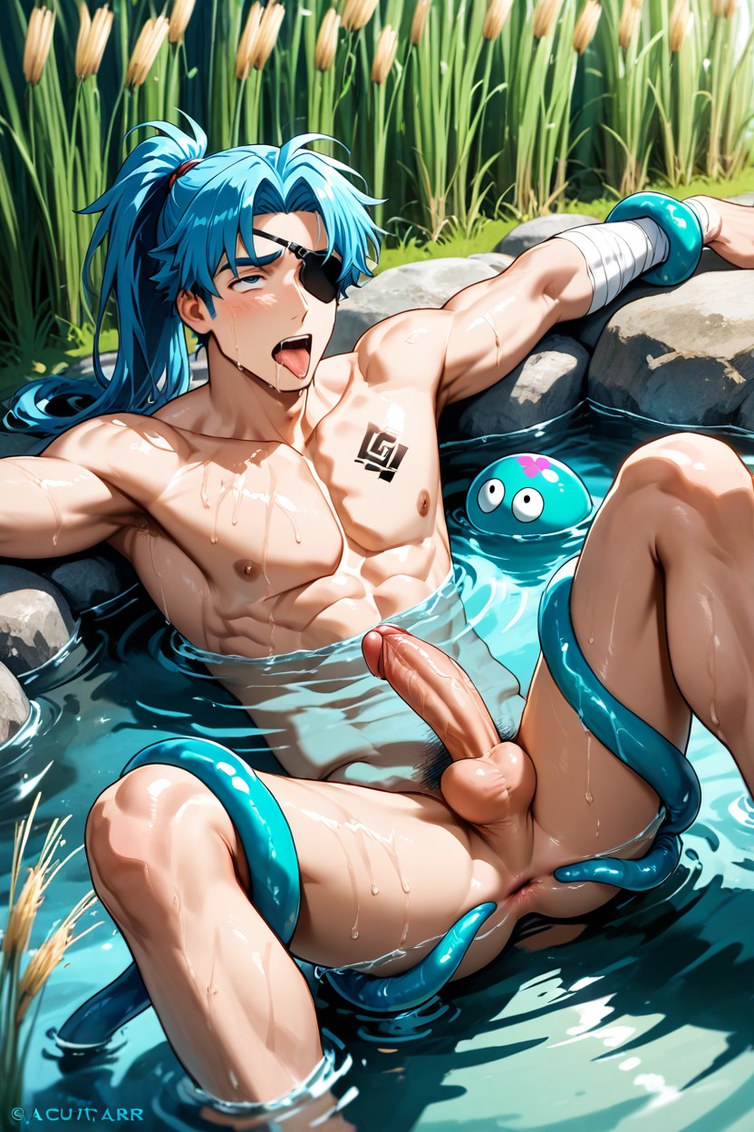 Blue Hair, Partially Submerged, Wet Body AI Gay Porn