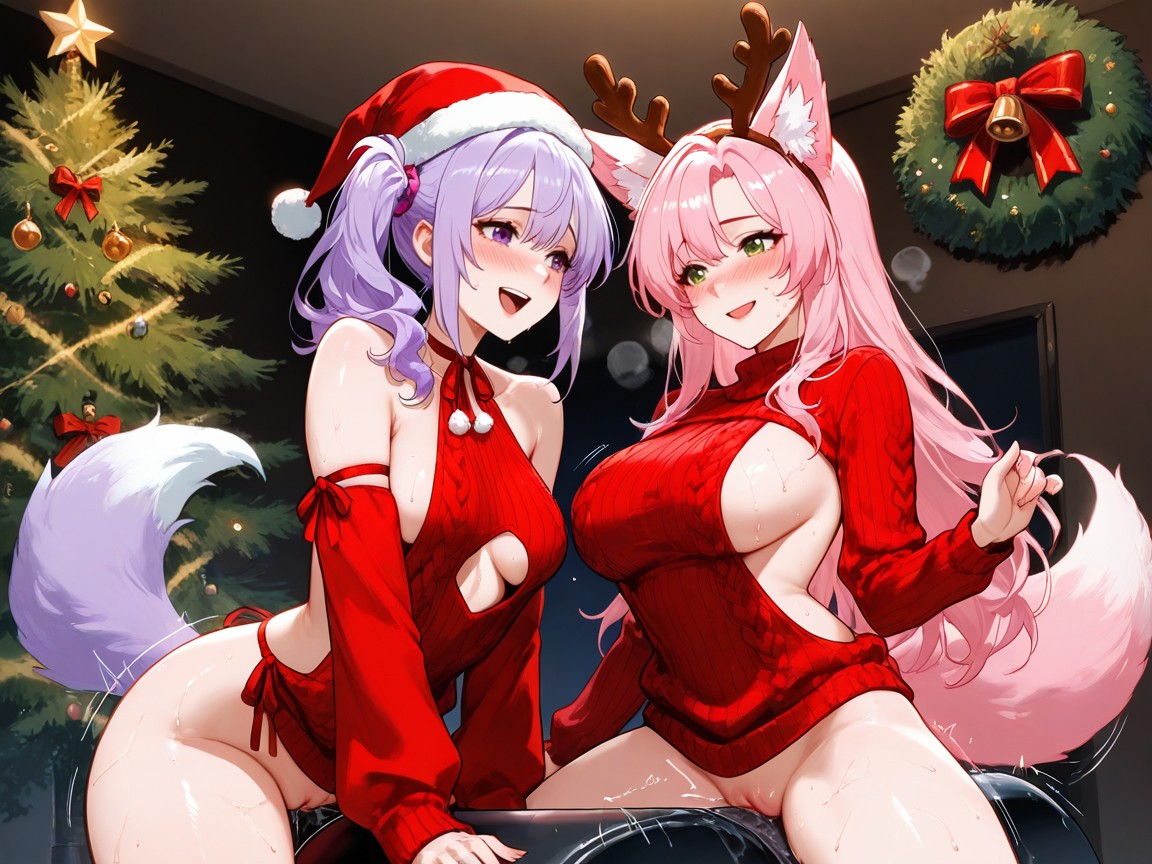 Sweaty Skin, Side Ponytail, A Decorated Christmas Tree In Background Hentai AI Porn