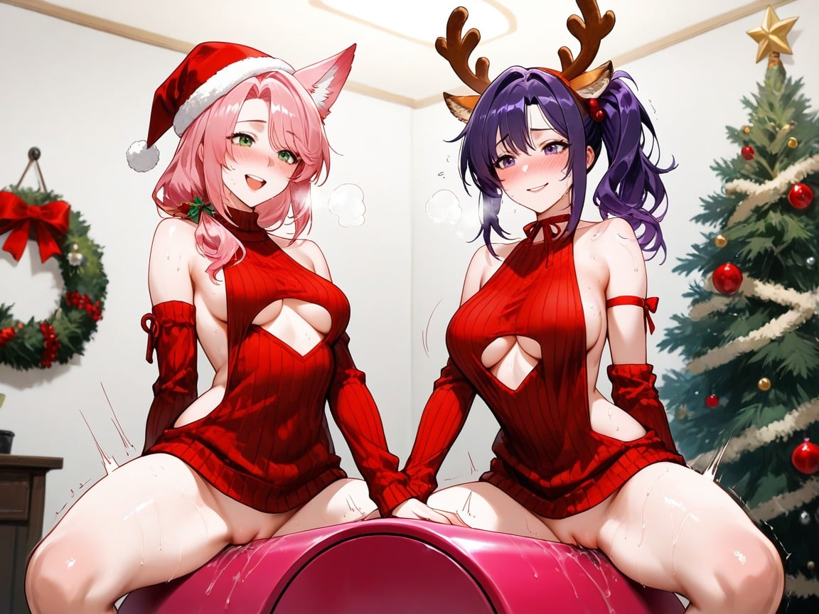 Straddling Sybian Together, Two Women, Purple Eyes Hentai IA